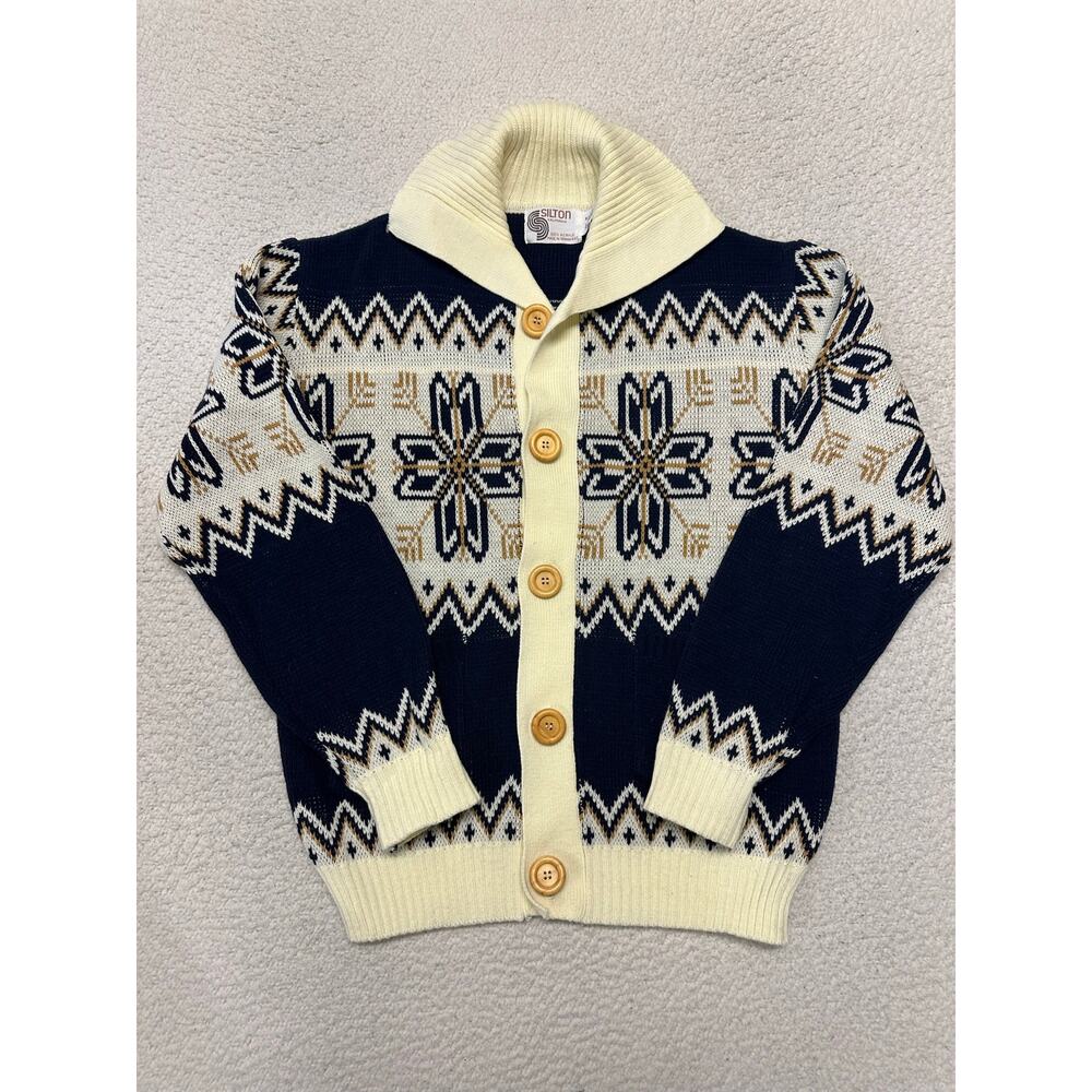 Vintage Silton California Mens Cardigan Sweater Fair Isle pattern Medium